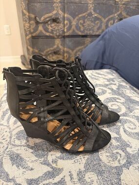 Nine West Black Strappy Lace-Up Wedge Sandals